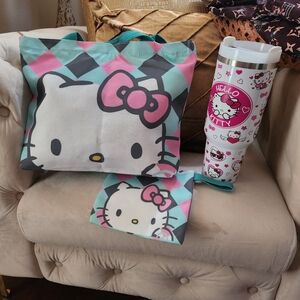 (Brand New) Mint green, pink and black Hello Kitty tote bag and white tumbler